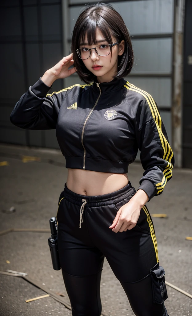 realistic, 1girl, black eye glasses, holding handgun, gun shooting pose, dark abandoned warehouse backgroud, black silky bob hair, hair bangs, tight and fitted yellow tracksuit, tracksuit halfway open, cleavage, big bust, tummies, bellybutton, camouflage fitted shorts, tights, knees, handgun, fitted outfit, perfect holding gun at hand