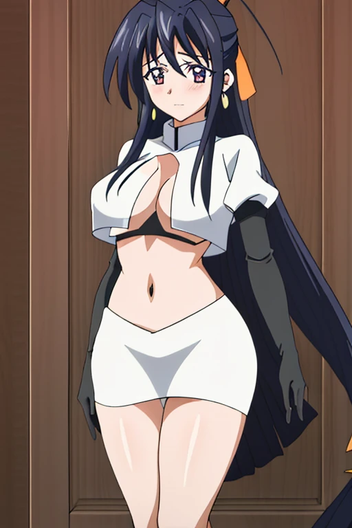 (masterpiece, best quality),  Intricate details,
1 Girl,     freeze, Long hair, Pointed ears, jewelry, earrings, Double tail, Parted bangs, Rockets,Rockets uniform,White skirt,crop top,Black knee socks,Black elbow gloves,(Sagging breasts、Cleavage, cleveage、Thick thighs, Perfect body, ))