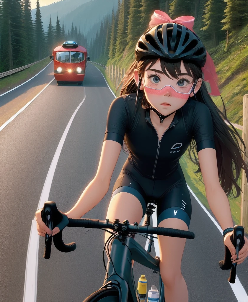 (((masterpiece))), (((best quality))), (((Ride a road bike))), downhill, steep slope, eye mask, earphone, Cycling shorts, wind, Speed line effect, alone, 1 girl, ribbon, long hair, Split, big , Shy. blush,