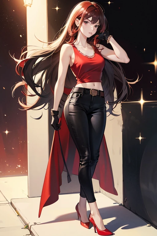 Anna wears a red tank top, black jeans, and red high heels (one of which is missing as it was stolen by Nina). This outfit is also accessorized with a thin brown belt, forearm-length black gloves, and a double strand pearl necklace. SPARKLE; GLITTER