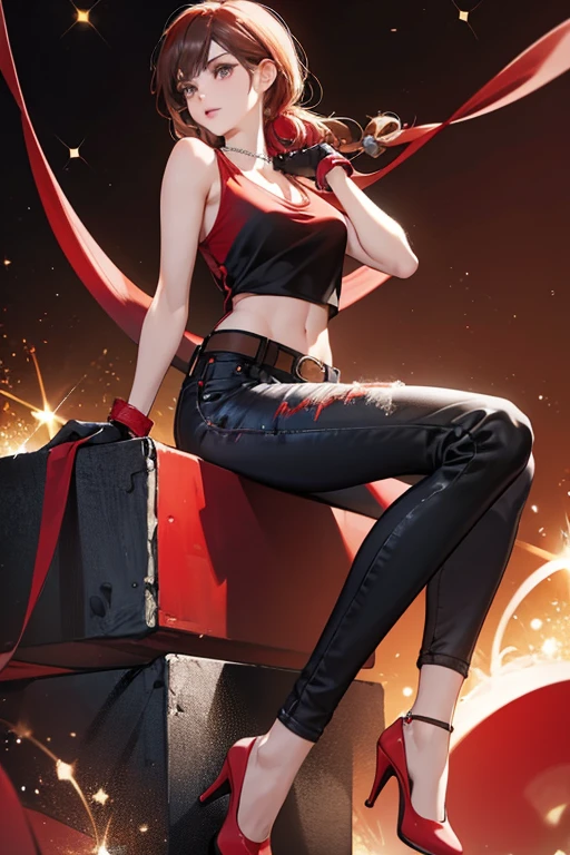 Anna wears a red tank top, black jeans, and red high heels (one of which is missing as it was stolen by Nina). This outfit is also accessorized with a thin brown belt, forearm-length black gloves, and a double strand pearl necklace. SPARKLE; GLITTER