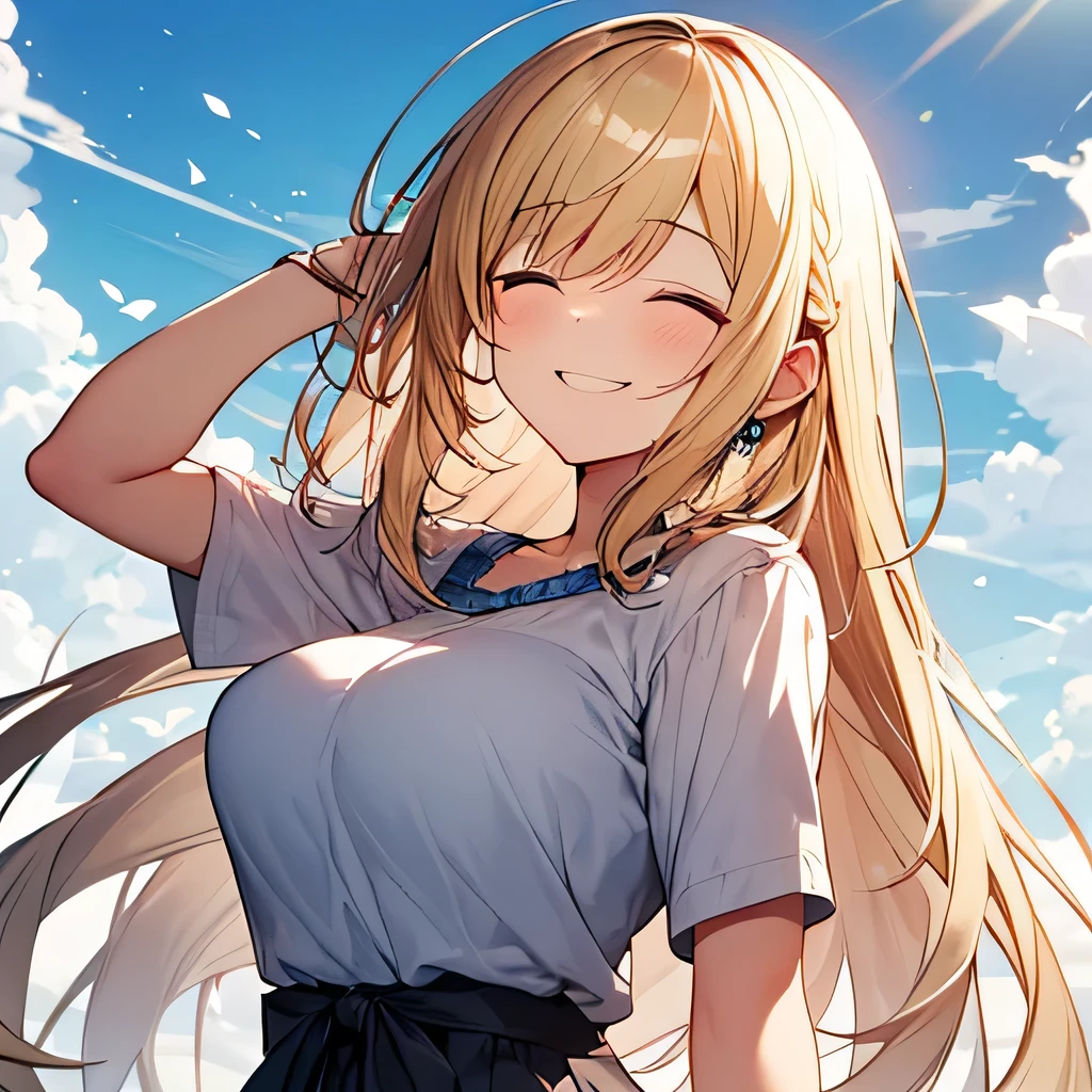 masterpiece、 highest quality,Very detailed, Absurd beauty、1 beautiful girl、 (Long Hair、Braided hair、blonde、Ample breasts), Hair blowing in the wind、Keep your head small、whole body、Casual clothing、Summer clothes、great outdoors、Close your eyes and laugh、A big smile、Shyness