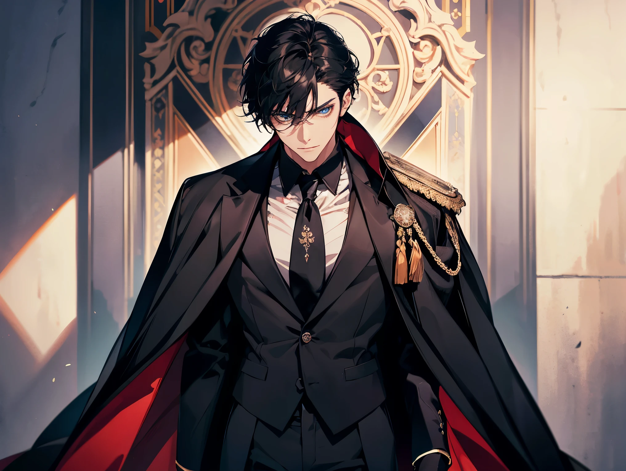 1 man, teacher, wearing white shirt, royal black cape, black suit, black long pants, black hair, short hair, blue eyes, red tie, face to detail, detailed eyes, the background is a kings throne room, standing, holding a katana