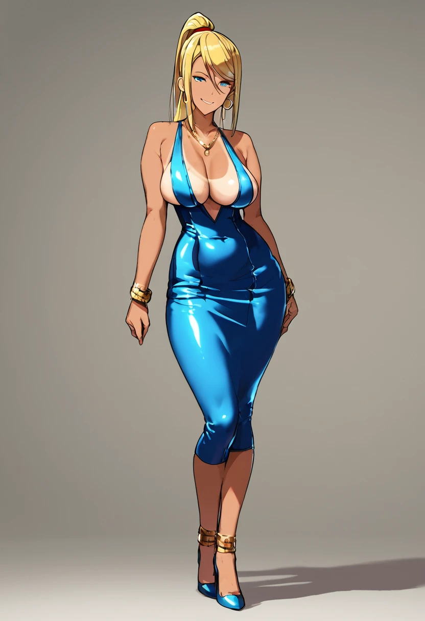 score_9,score_8_up,score_7_up,score_6_up, takeda hiromitsu style,1girl, sole_female, tanned, tanlines, pink bodycon dress, blue bodycon dress, sequins, mini_dress, micro_dress, shiny_clothes, sheer_clothing confident_pose, standing, intricate_face, intricate_eyes, smile, saggy_breasts, slender_waist, curvy_hips, high_heels, gold_bracelets, chain_necklace, hoop_earrings, ankle_bracelets, dynamic_pose, sexy_face, sultry, curvy, skindentation, skin_tight, short_dress milf, mature_female, thick_hips, horny, cleavage_cutout, hip_vent, hip_cutout sagging_breasts, skimpy_outfit, revealing_outfit, sultry_expression, seducing_eyes, bedroom_eyes, seductive, sexy_pose, bend_over, off-shoulder, Samus_Ara
