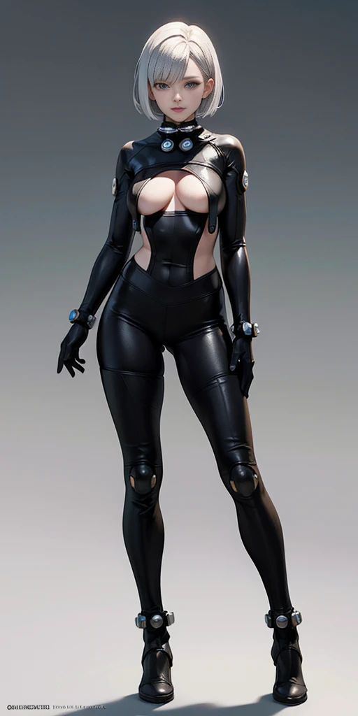 female adventurer white silver short bob hair cut, full body, game art style, (masterpiece), colorful clothing, scarves, leather belts, half skirt over pants and boots, flowing blouse and leather corset, best quality, highres, 4k, 8k, Detailed Illustration, intricate detail, cinematic lighting, amazing quality, 1girl, fit female, amazing shading, soft lighting, facing camera, perfect eyes, gantz suit armor torn apart, (grey background)
