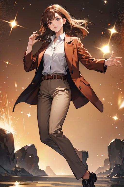 Anna wears a reddish brown collared jacket with a gray undershirt, matching trousers of the same color with a white belt, and brown shoes. SPARKLE; GLITTER