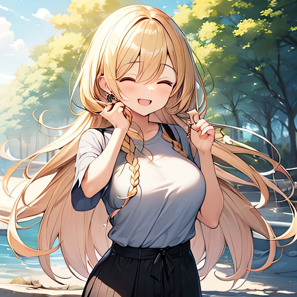 masterpiece、 highest quality,Very detailed, Absurd beauty、1 beautiful girl、 (Long Hair、Braided hair、blonde、Ample breasts), Hair blowing in the wind、Keep your head small、whole body、Casual clothing、Summer clothes、great outdoors、Close your eyes and laugh、A big smile、Shyness