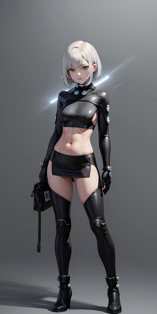 female adventurer white silver short bob hair cut, full body, game art style, (masterpiece), colorful clothing, scarves, leather belts, half skirt over pants and boots, flowing blouse and leather corset, best quality, highres, 4k, 8k, Detailed Illustration, intricate detail, cinematic lighting, amazing quality, 1girl, fit female, amazing shading, soft lighting, facing camera, perfect eyes, gantz suit armor torn apart, (grey background)