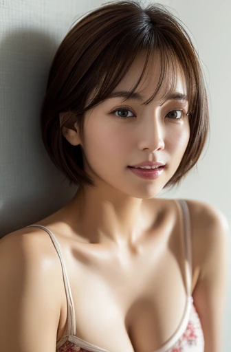 (masterpiece:1.3), (8k, Realistic, RAW Photos, Best image quality: 1.4), Around 40 years old, Japanese women、Cleavage:1.2、Highly detailed face、Attention to detail、double eyelid、Chest to chest、Light brown hair、Short Hair、Sporty hair、highest quality、masterpiece、超A high resolution、(Realistic:1.4)、Highly detailed and professionally lit smiles、Loose, Thick pajamas、Shoulder out、Sleepy look、Deadly position