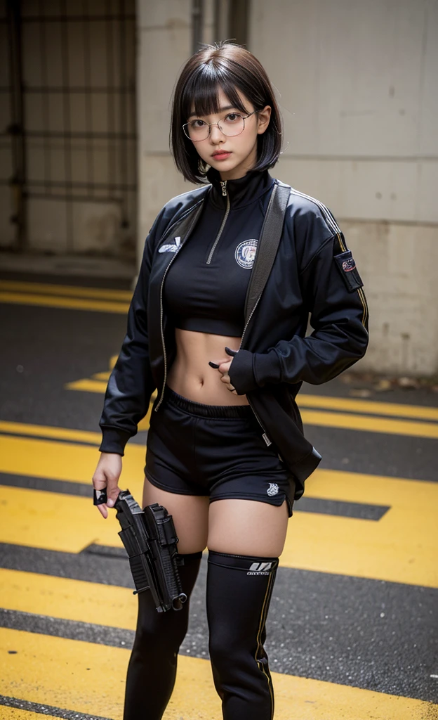 realistic, 1girl, black eye glasses, holding handgun, gun shooting pose, dark abandoned warehouse backgroud, black silky bob hair, hair bangs, tight and fitted yellow tracksuit, tracksuit halfway open, cleavage, big bust, tummies, bellybutton, camouflage fitted shorts, tights, knees, handgun, fitted outfit, perfect holding gun at hand