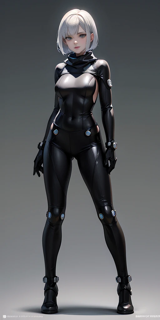female adventurer white silver short bob hair cut, full body, game art style, (masterpiece), colorful clothing, scarves, leather belts, half skirt over pants and boots, flowing blouse and leather corset, best quality, highres, 4k, 8k, Detailed Illustration, intricate detail, cinematic lighting, amazing quality, 1girl, fit female, amazing shading, soft lighting, facing camera, perfect eyes, gantz suit armor torn apart, (grey background)