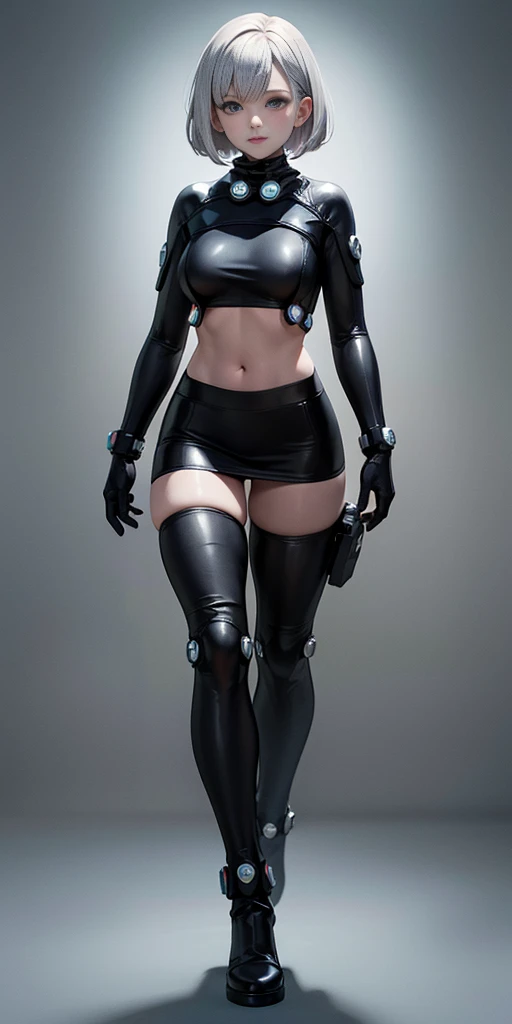 female adventurer white silver short bob hair cut, full body, game art style, (masterpiece), colorful clothing, scarves, leather belts, half skirt over pants and boots, flowing blouse and leather corset, best quality, highres, 4k, 8k, Detailed Illustration, intricate detail, cinematic lighting, amazing quality, 1girl, fit female, amazing shading, soft lighting, facing camera, perfect eyes, gantz suit armor torn apart, (grey background)