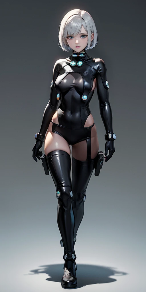 female adventurer white silver short bob hair cut, full body, game art style, (masterpiece), colorful clothing, scarves, leather belts, half skirt over pants and boots, flowing blouse and leather corset, best quality, highres, 4k, 8k, Detailed Illustration, intricate detail, cinematic lighting, amazing quality, 1girl, fit female, amazing shading, soft lighting, facing camera, perfect eyes, gantz suit armor torn apart, (grey background)