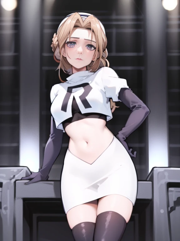 Adele Jat _Faculty, Headband, Long hair, white hair, Purple Eyes, Glossy lips ,Rockets uniforms, Red letter R, White skirt,White short top,Black over-the-knee boots, Black elbow gloves, Looking at the audience, Cowboy shooting