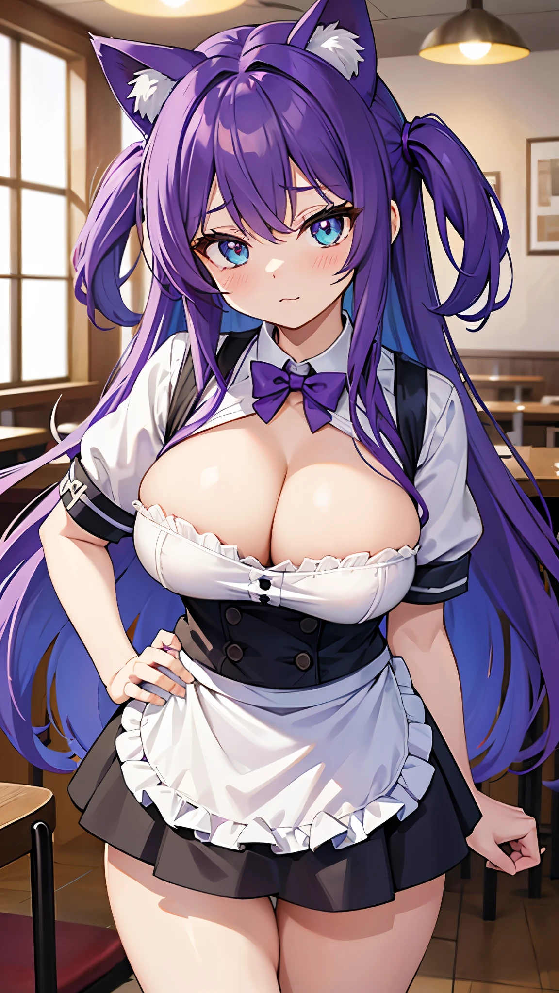 Long purple hair，Turquoise Eyes，A girl with scattered hair walked up，She looks like a cute kitten，She wears a uniform that accentuates her cleavage，wear "Cat ear" on head，bulging big breasts，wonderful，Her cute and cute eyes are、Easily capture other people's hearts，Work as a waitress in a restaurant