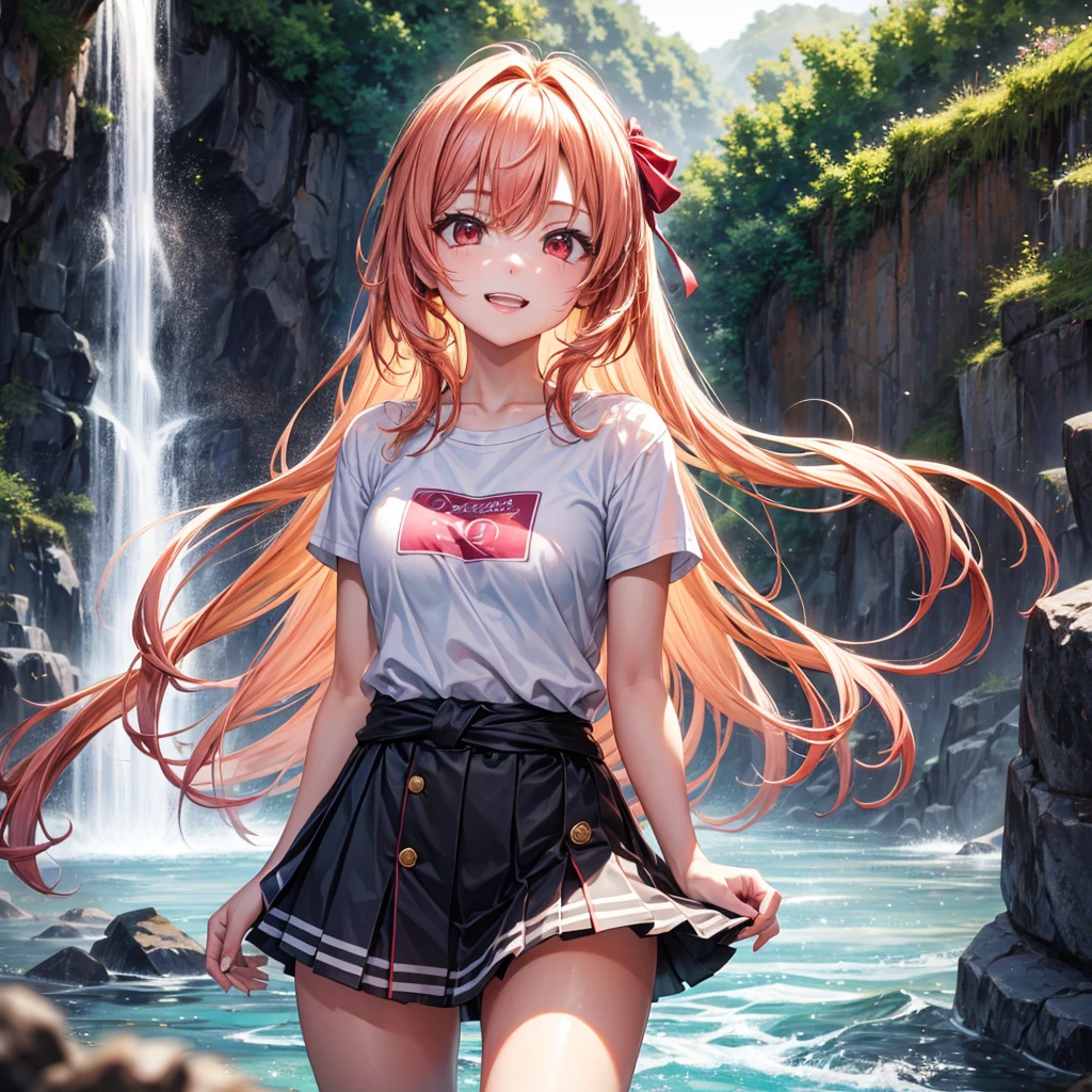 Pink gold golden hair、Red eyes、One good looking girl、solo、anime、Checkered mini skirt、The skirt has buttons、White T-shirt、Jin、Black camisole、Wearing a ribbon、Ribbon on waist、Tilting face、Teeth are visible、waterfall、waterfallの裏側、tunnel、Sunset sky、I have a single-lens reflex camera