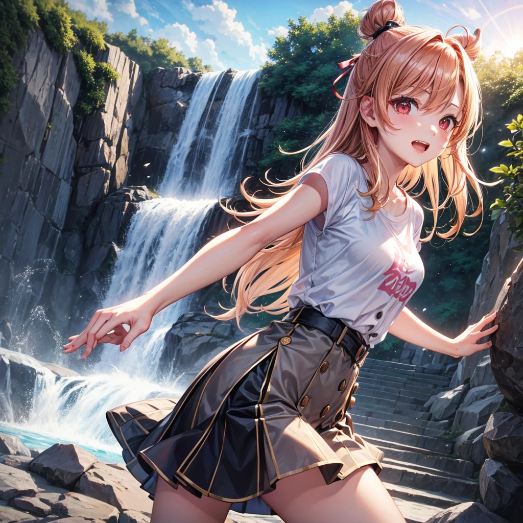 Pink gold golden hair、Red eyes、One good looking girl、solo、anime、Checkered mini skirt、The skirt has buttons、White T-shirt、Jin、Black camisole、Wearing a ribbon、Ribbon on waist、Tilting face、Teeth are visible、waterfall、waterfallの裏側、tunnel、Sunset sky、I have a single-lens reflex camera