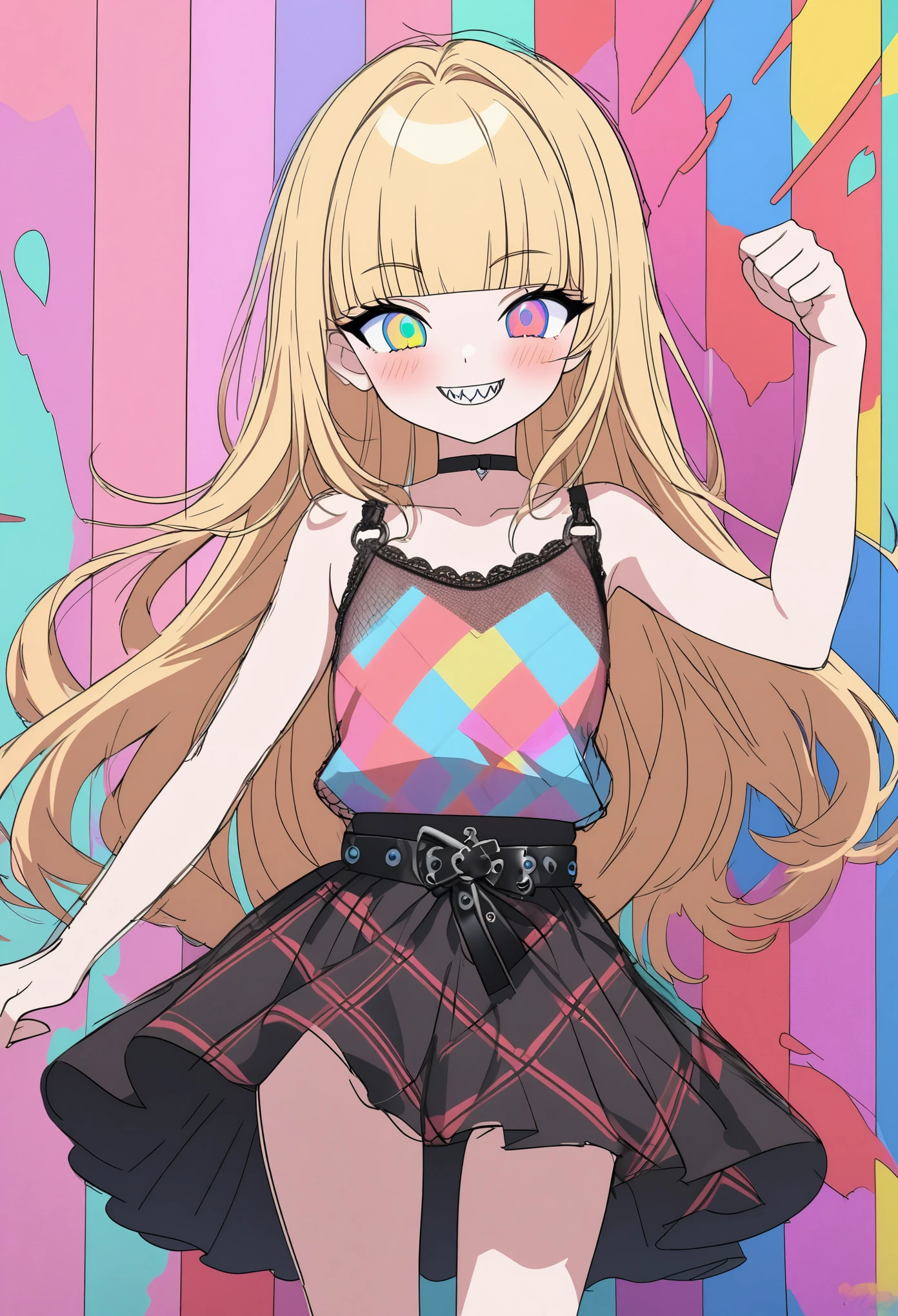 ((Masterpiece)), ((best quality)), (cowboy shot), (Rough sketch:1.4), (High Definition:1.3), (Professional Photography:1.3), ((12 years old)), (❤️🖤💗💔), cute young Girl, Glossy unruly hair, (loose blunt bangs), blonde hair with red mesh, (red mesh hair), long hair, big eyes, (long eyelashes), ((jagged teeth)), colorful eyes, (Unfocused eyes), blush, ((naughty smile)), open mouth, ribbon belt, joy, (cute Plaid tanktop), barearms, thumbs down hand, ((👎️)), (colorful:1.3), gothic makeup, 👄,((against the Fancy pastel wall)), 8K, gothic artstyle,