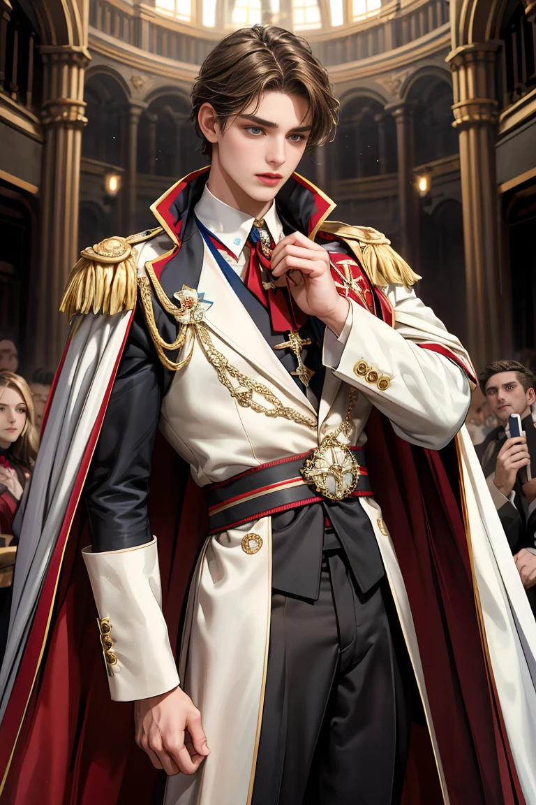 
masterpiece, 最high quality, high quality, 1 boy, alone, Male focus, Watching the audience,  Messy brown hair, Adorable big blue eyes, White, Noble, Noble, Beautiful tailcoat、A very voluminous, large, very large, very large, long, long red and black cape with a high stand-up collar, made of a lot of fabric that reaches down to the floor., 16 years old,Cute beautiful boys,Cute, cute, kind, shy handsome man