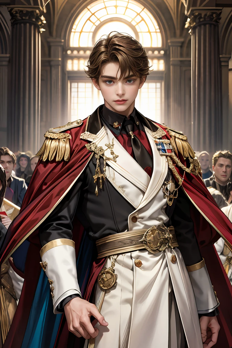 
masterpiece, 最high quality, high quality, 1 boy, alone, Male focus, Watching the audience,  Messy brown hair, Adorable big blue eyes, White, Noble, Noble, Beautiful tailcoat、A very voluminous, large, very large, very large, long, long red and black cape with a high stand-up collar, made of a lot of fabric that reaches down to the floor., 16 years old,Cute beautiful boys,Cute, cute, kind, shy handsome man