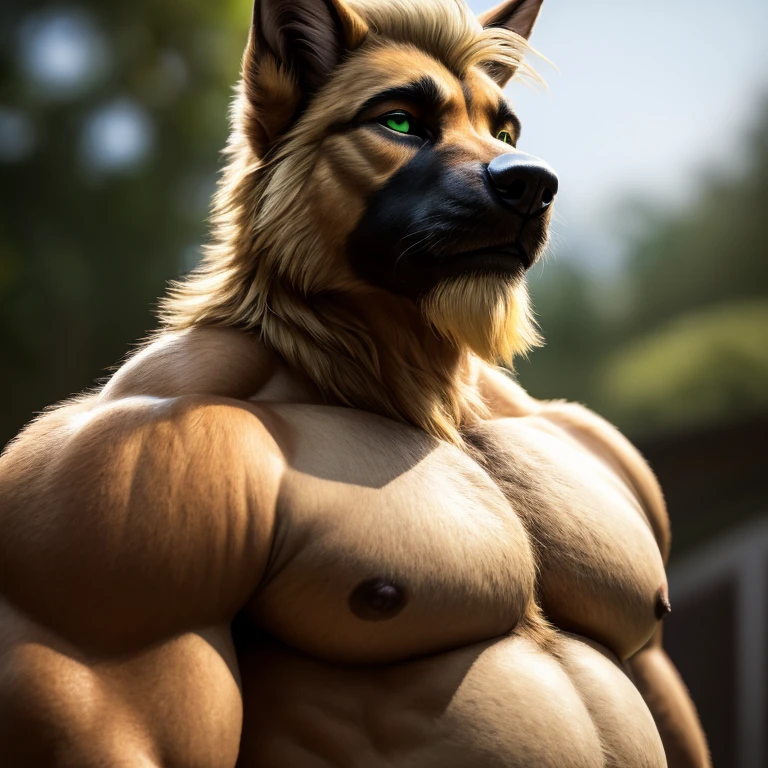 (highres:1.2), ultra-detailed, (realistic:1.37), german shepherd, muscle-bound male, solo, , round and chubby belly, large pectorals, biceps, long and blonde mane, chin beard, muscular body, beautiful green eyes, intricately detailed eyes and face, tight-fitting jockstrap, debout, regard sexy, trine ouvert, fond chambre lit, muscled body, regarde le téléspectateur, vision of the whole body (intricate, high detail, film photography, soft focus, RAW candid cinema, photorealism, realistic, photorealistic, analog st subsurface scattering, mrpiece, best quality, ultra realistic, 8k)
