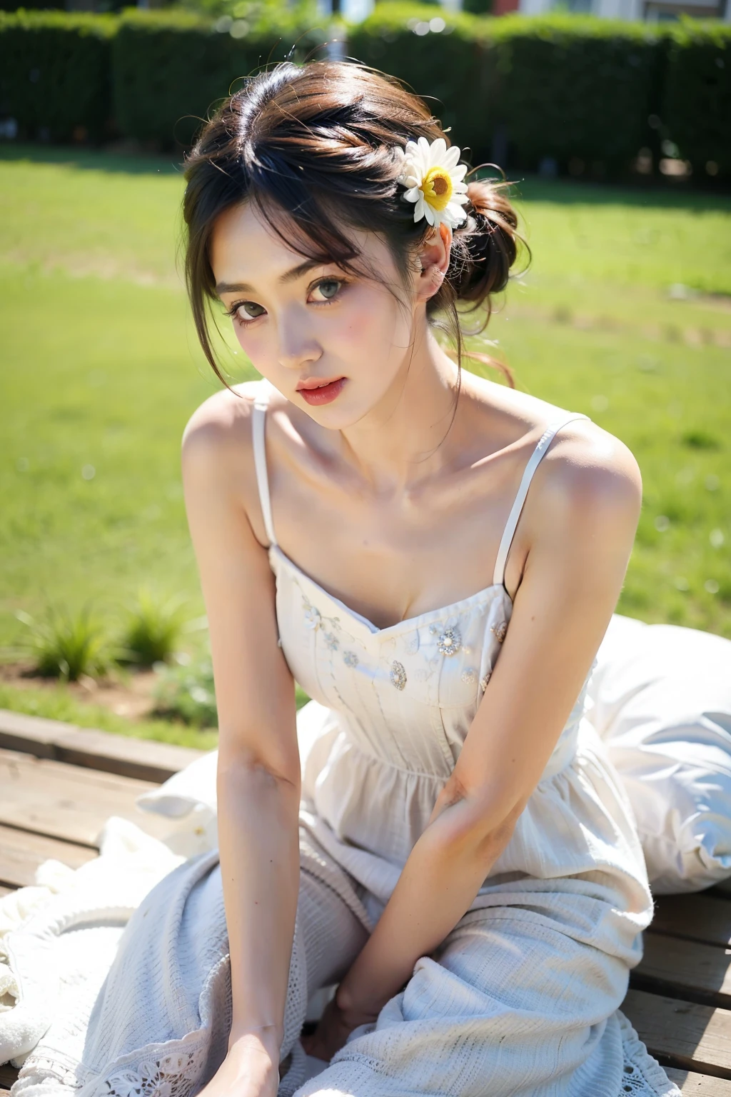 Elegant girl love daisy in the weld wearing a daisy dress then she pick up the daisy around the weld (good quality)