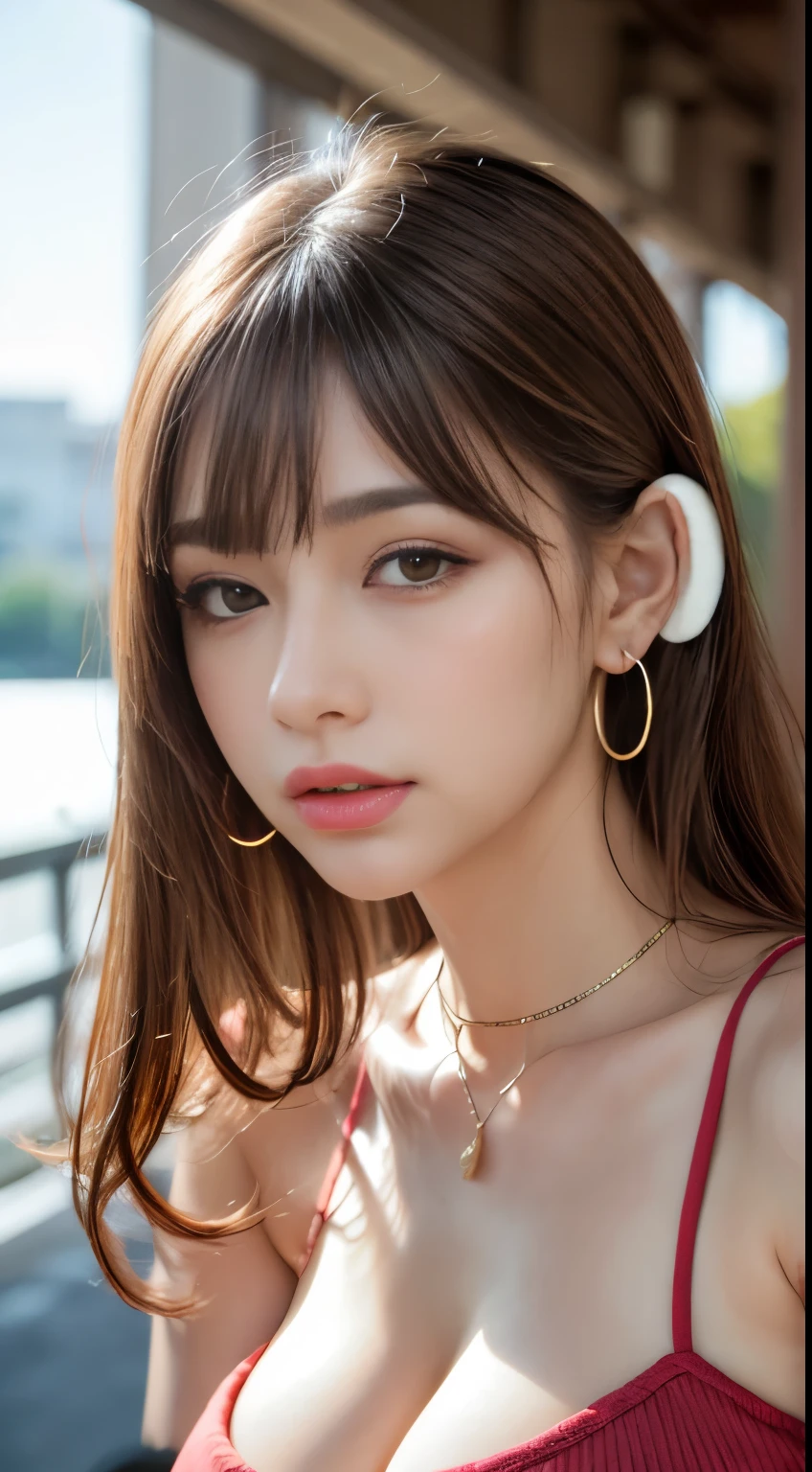 Medium Hair, Shiny Hair, floating hair, bangs, hair band, hair flower, Headphones, Whistle around the neck, Mole under the eye, Heart-shaped pupils, Pupils dilate, half-closed eyes, Earrings, heart Earrings, blush,, Lips parted, Licking lips, full blush, Heavy breathing, Ahegao, Verism, Hyperrealism, Surrealism, depth of field, f/1.2, 135mm, Canon, foreshortening, UHigh resolution, retina, masterpiece, Accurate, Anatomically correct, Textured skin, Super Detail, Attention to detail, high quality, Awards, 最high quality, High resolution, 1080p, High resolution, 4K, 8k, 16k, Tank top