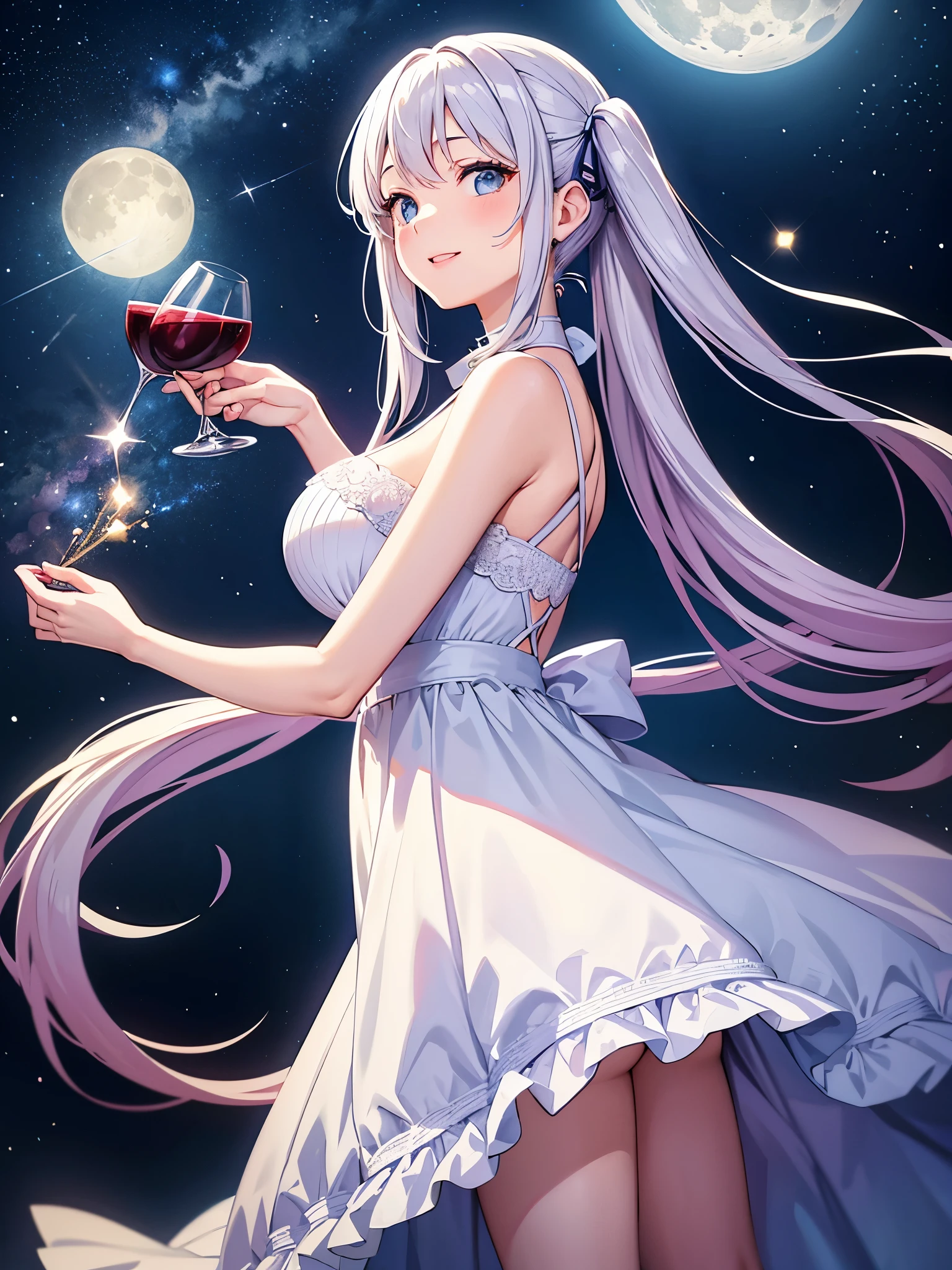Brilliant Flower Garden Wine Party Light blue long hair Beautiful girl with twin tails Half Dress A lot of beautiful girls Drinking wine Delicious food All the lovely smiles Moonlit Night Big Moon shooting star milky way