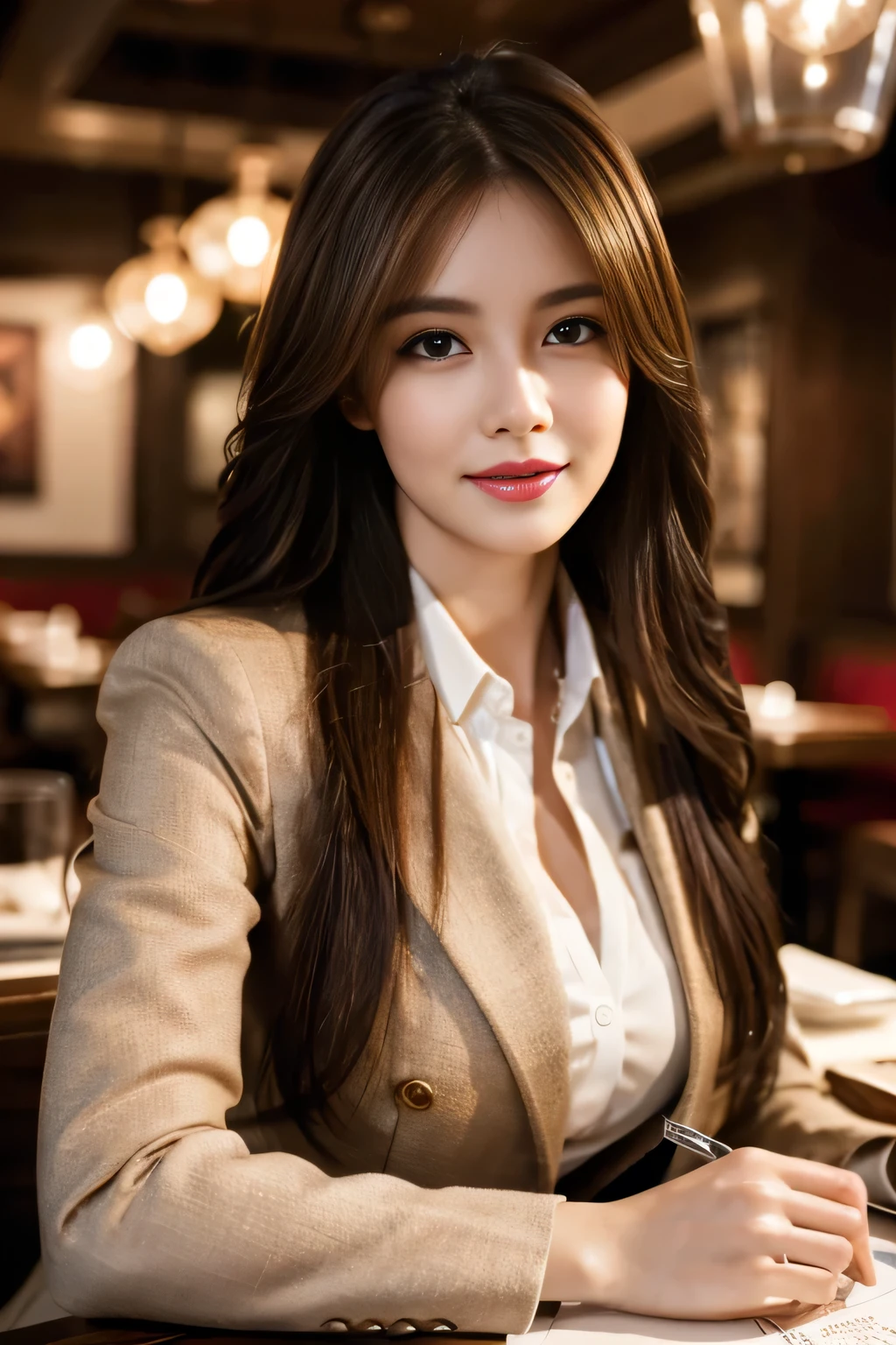 masterpiece, highest quality, Realistic, Very detailed, Finer details, High resolution, 8k wallpaper, One beautiful woman, Wear casual business attire, In a great restaurant, At night, Light brown messy hair, Perfect dynamic composition, Beautiful and beautiful eyes