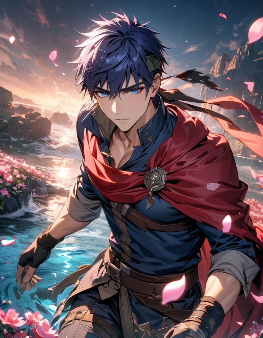 absurdres, highres, ultra detailed, HDR, master piece, best quality, Ike, dark blue hair, expressive blue eyes, Fire Emblem, solo, sexy man, handsome, red cape, dark blue clothes, black gloves, water, pink flowers, pink petals, pink butterflies