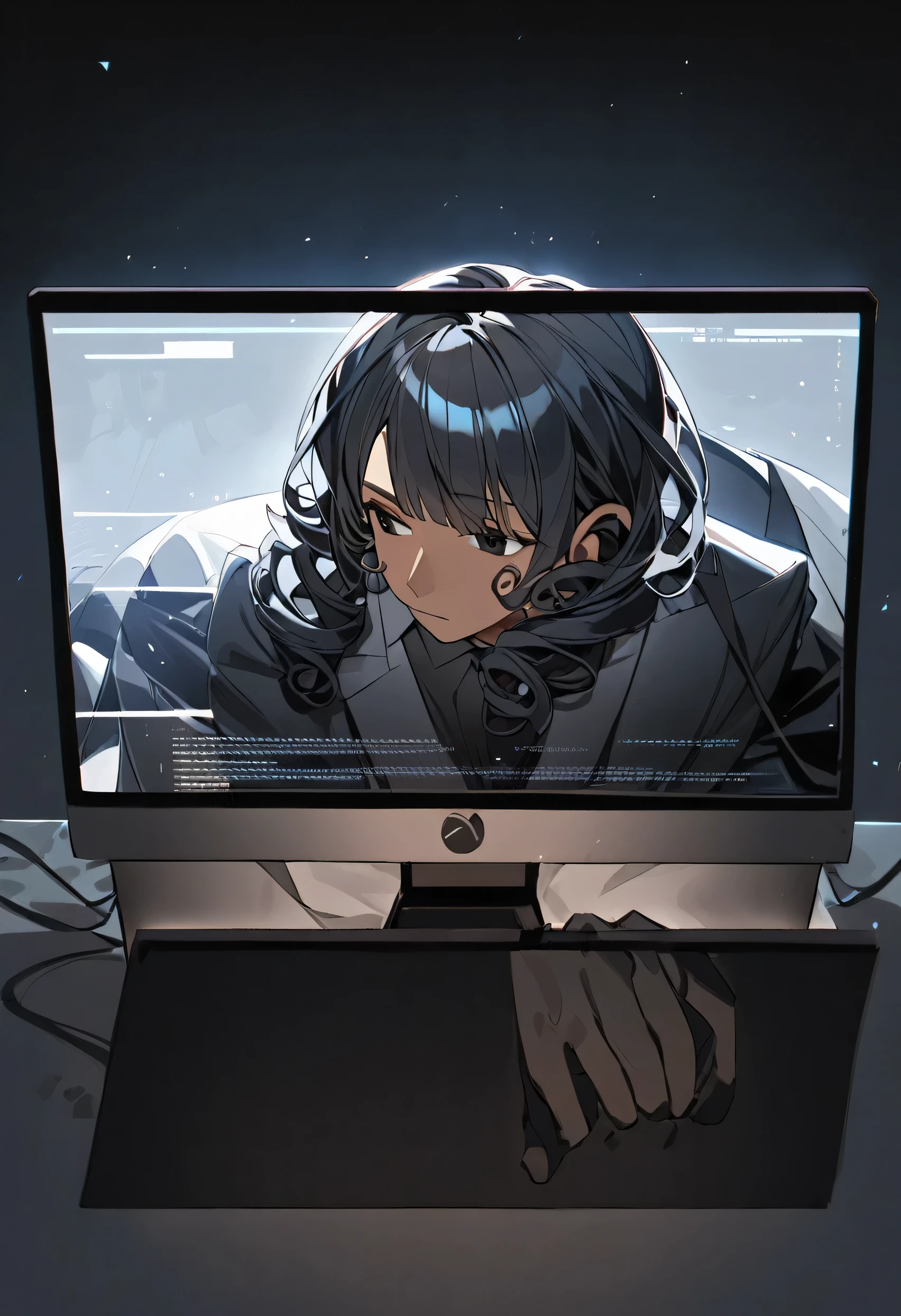 Black hair, dark skin, sniper rifle, black eyes, short curly neck length hair, suit, locked in computer screen, masculine, (locked in a computer screen), ((crawling out of computer screen)) ((hand out of computer screen))