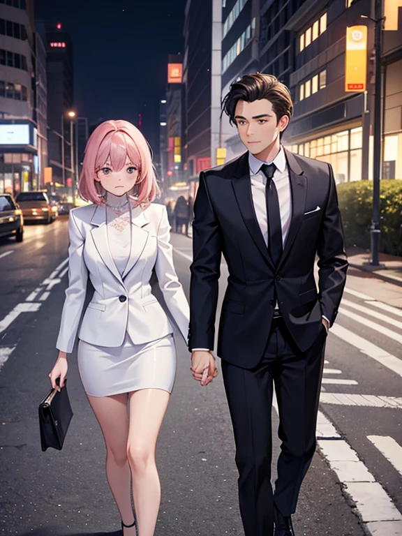 1,man and woman walking hand in hand.
2,The woman is a 30-year-old female president.。, wearing a sexy and luxurious suit.
3,The man is a 24-year-old female subordinate.。, I'm wearing a suit but I have a baby face.
4,The location is an office district at night..