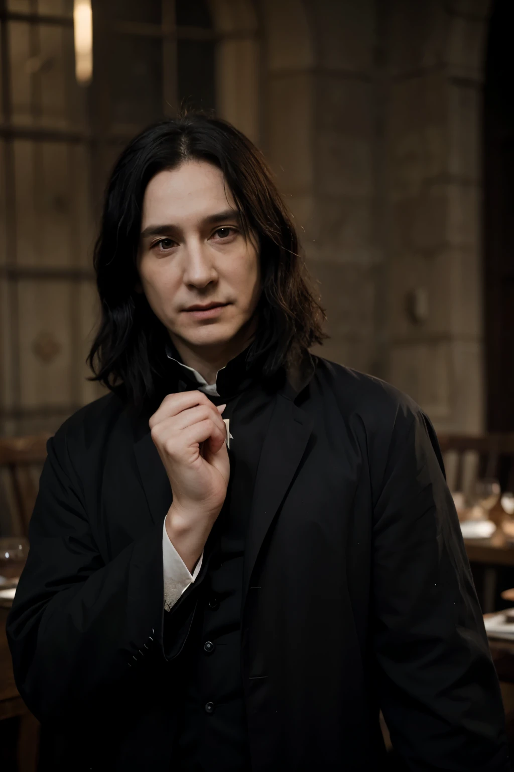 severus snape, guapo, detallado, traje negra y verde, sentado en una mesa