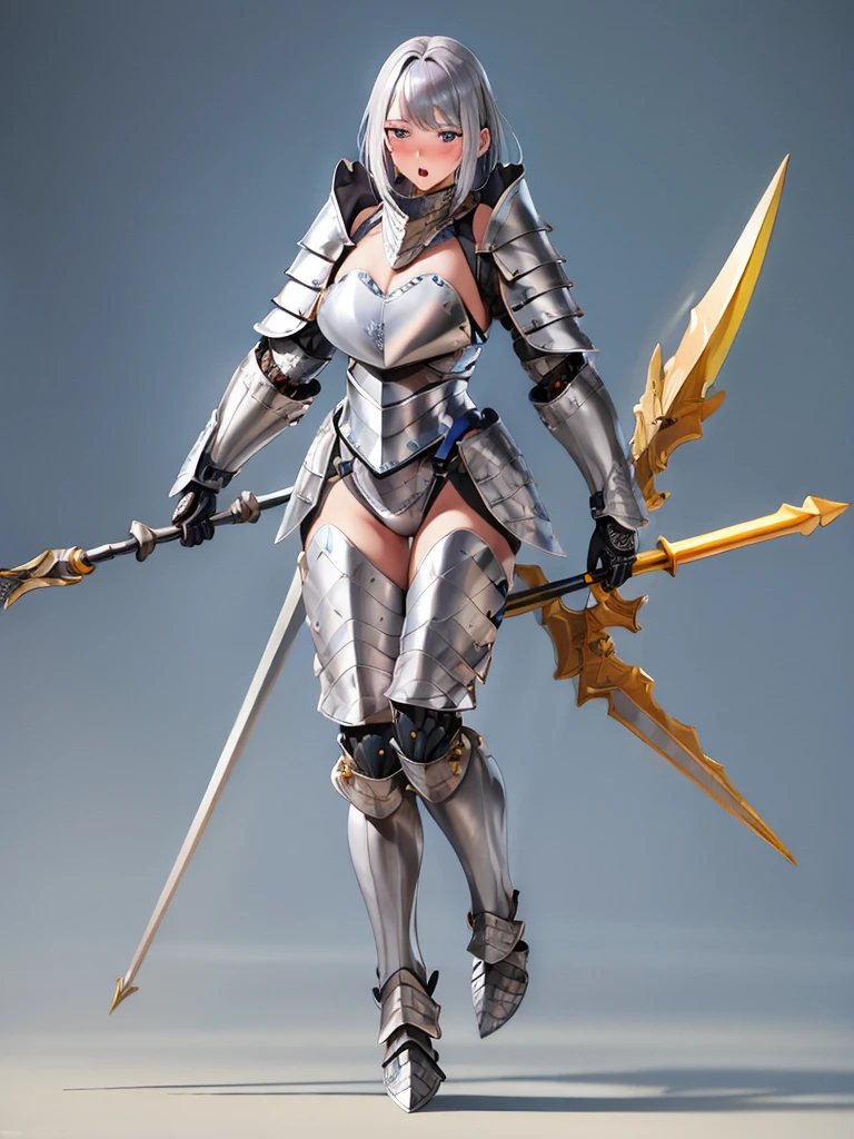 full body,masterpiece, high details, high quality, best quality, anatomically correct, masterpiece, textured skin, super detail,ultra-detailed, best quality, extremely detailed, 8k, high res, realistic, 1girl, 18yo, beautiful girl, (half closed eyes),(narrowed eyes:1.2),(open mouth), (blush:1.2),BREAK,(Silver full-body armor:1.8),blue beautiful eyes, medium bob hair, (asymmetrical parted bangs), (dark blue beautiful hair),BREAK,(Ready your spear:1.5),(voluptuous bust:1.3),(Gaunt , thin waist:1.3),looking at viewer,white background,