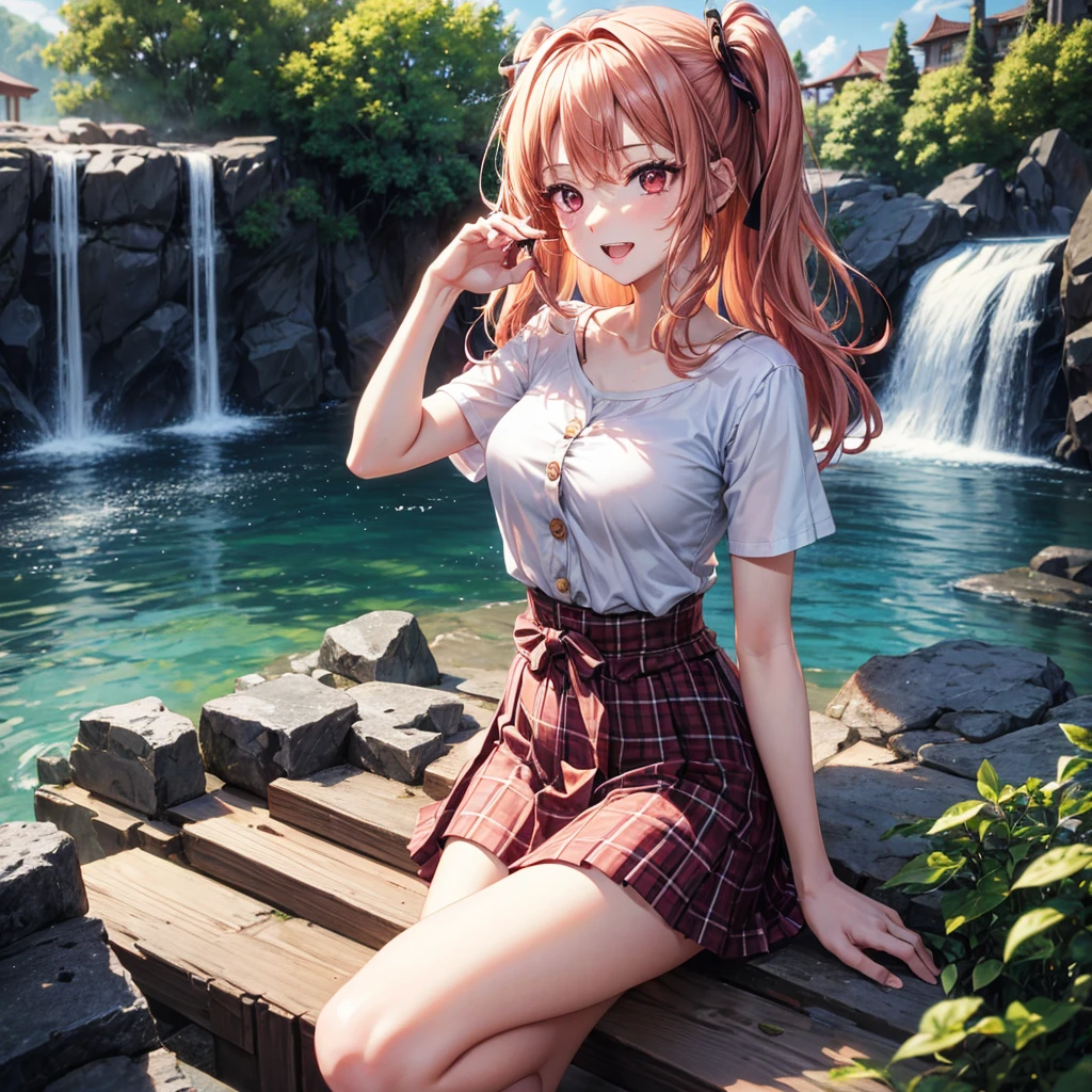 Pink gold golden hair、Red eyes、One good looking girl、solo、anime、Checkered mini skirt、The skirt has buttons、White T-shirt、Jin、Blue camisole、Wearing a ribbon、Ribbon on waist、Tilting face、Teeth are visible、waterfall、waterfallの裏側、tunnel、Sunset sky、I have a single-lens reflex camera