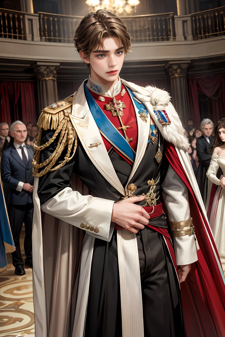 masterpiece, 最high quality, high quality, 1 boy, alone, Male focus, Watching the audience, Messy brown hair, Adorable big blue eyes, White, Noble, Noble, Beautiful tailcoat、A very voluminous, large, very large, very large, long, long red and black cape with a high stand-up collar, made of a lot of fabric that reaches down to the floor., 19 years old,Cute beautiful boys,Cute, cute, kind, shy handsome man