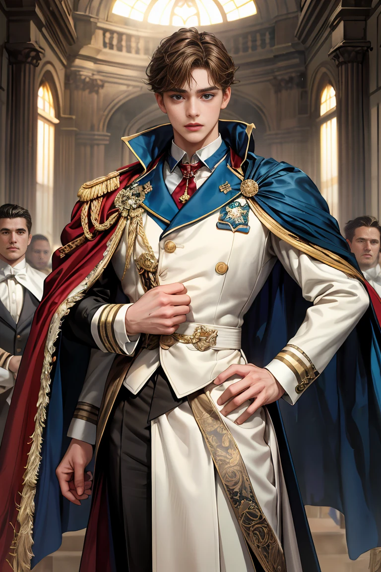 
masterpiece, 最high quality, high quality, 1 boy, alone, Male focus, Watching the audience,  Messy brown hair, Adorable big blue eyes, White, Noble, Noble, Beautiful tailcoat、A very voluminous, large, very large, very large, long, long red and black cape with a high stand-up collar, made of a lot of fabric that reaches down to the floor., 19 years old,Cute beautiful boys,Cute, cute, kind, shy handsome man