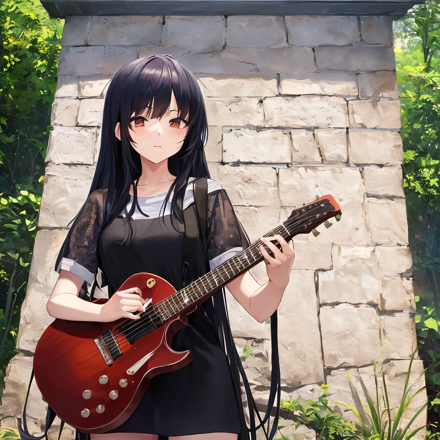 Anime girl with long black hair playing guitar in front of a wall, artwork in the style of Guweizu, animation style 4k, Animation Moe Artstyle, anime art wallpaper 8k, Art Jereum and A.T. Gailan, anime art wallpaper 4k, anime art wallpaper 4k, Detailed digital animation art, anime styled digital art, Guweizu