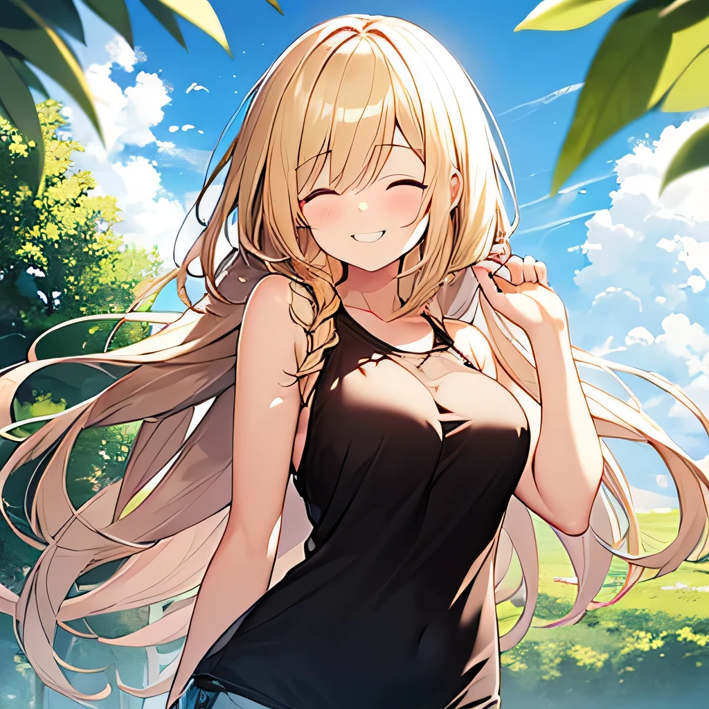 masterpiece、highest quality,Very detailed, Absurd beauty、1 beautiful girl、 (Long Hair、Braided hair、blonde、Ample breasts), Hair blowing in the wind、Keep your head small、whole body、Casual clothing、Summer clothes、whole body、great outdoors、Close your eyes and smile、Big smile、shy、Fresh greenery