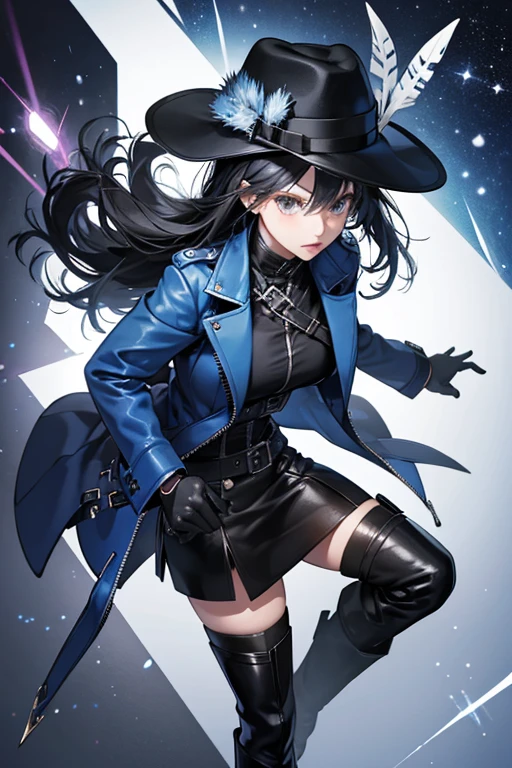 consisting of a blue suit jacket and miniskirt, matching fedora hat with feather, black leather gloves, and black, thigh high, leather boots with zippers along the outer sides. In Dark Resurrection, the color of her suit jacket, boots, gloves, and hat are now white. SPARKLE; GLITTER