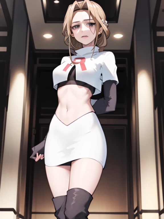 Adele Jat _Faculty, Headband, Long hair, white hair, Purple Eyes, Glossy lips ,Rockets uniforms, Red letter R, White skirt,White short top,Black over-the-knee boots, Black elbow gloves, Looking at the audience, Cowboy shooting