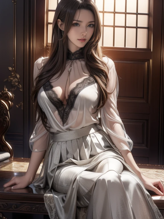 非常にdetailed, A complete solution, 非常にdetailedな美しい女の子, 非常にdetailed face, (Very beautiful eyes:1.8), The nose shape is correct., expressive lips, (Movie Scenes,Fantasy art,最high quality,high quality,High resolution,high qualityの質感,Attention to detail,Beautiful details,detailed,非常にdetailedなCG,detailedテクスチャー,Realistic facial expressions,Tabletop,in front,dynamic,bold),1 girl,非常にdetailedな肌,curve,(Covered nipples:0.8),Beautiful breasts,Small breasts,Pale skin,Pointed Chest,Erect nipples,(Very thin hair),(Very soft hair),(Super straight medium hair),Very light coppery amber hair,Very thin body,Smart Abs,(Grey long skirt:1.5), Open chest, Mid-chest, Shiny , ((See through、black silk lace blouse :1.3)) 、((Full Body Shot)), (Camera angle from the ground)