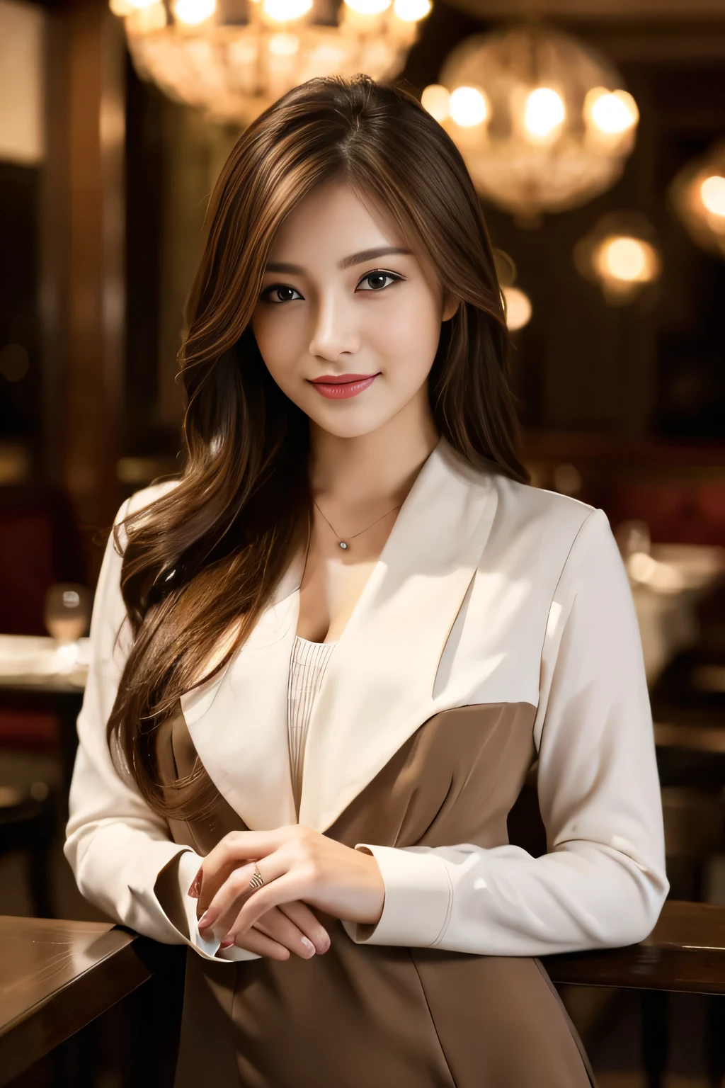 masterpiece, highest quality, Realistic, Very detailed, Finer details, High resolution, 8k wallpaper, One beautiful woman, Wear casual business attire, In a great restaurant, At night, Light brown messy hair, Perfect dynamic composition, Beautiful and beautiful eyes