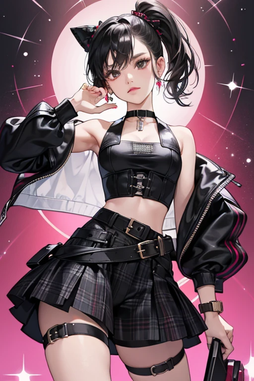 his outfit was inspired by the ones used in certain music festivals and features a cropped, black bustier, black, plaid patterned shorts tied at the waist with a black bow, and a red cellphone dangling on the left of her shorts which resembles that of a Motorola RAZR or the Motorola Ferrari. With this outfit, she wears black platform heels with white furry straps, a hip length, black, sleeveless jacket with white trimmed lapels, and a black choker. Her third outfit can no longer be purchased in the updated version. SPARKLE; GLITTER