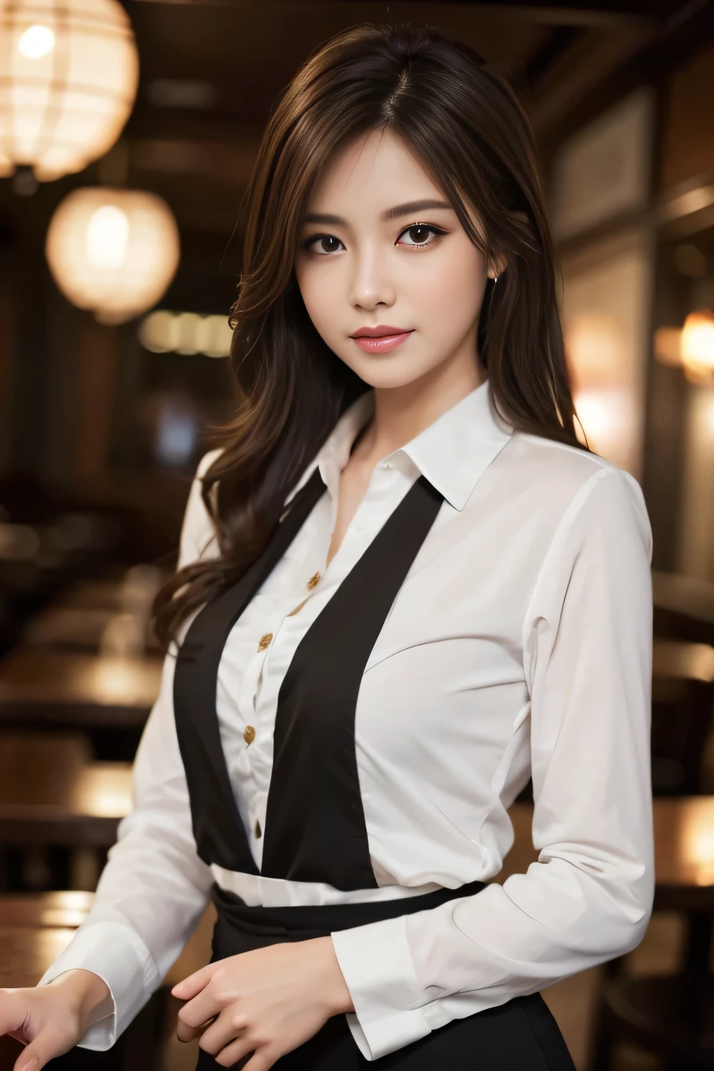 masterpiece, highest quality, Realistic, Very detailed, Finer details, High resolution, 8k wallpaper, One beautiful woman, Wear casual business attire, In a great restaurant, At night, Light brown messy hair, Perfect dynamic composition, Beautiful and beautiful eyes
