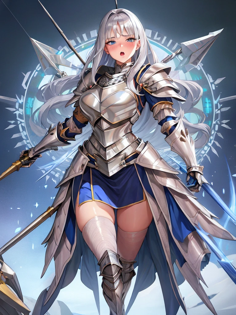 full body,masterpiece, high details, high quality, best quality, anatomically correct, masterpiece, textured skin, super detail,ultra-detailed, best quality, extremely detailed, 8k, high res, realistic, 1girl, 18yo, beautiful girl, (half closed eyes),(narrowed eyes:1.2),(open mouth), (blush:1.2),BREAK,(Silver armor:1.8),blue beautiful eyes, medium bob hair, (asymmetrical parted bangs), (dark blue beautiful hair),BREAK,(Ready your spear:1.5),(voluptuous bust:1.3),(Gaunt , thin waist:1.3),looking at viewer,white background,