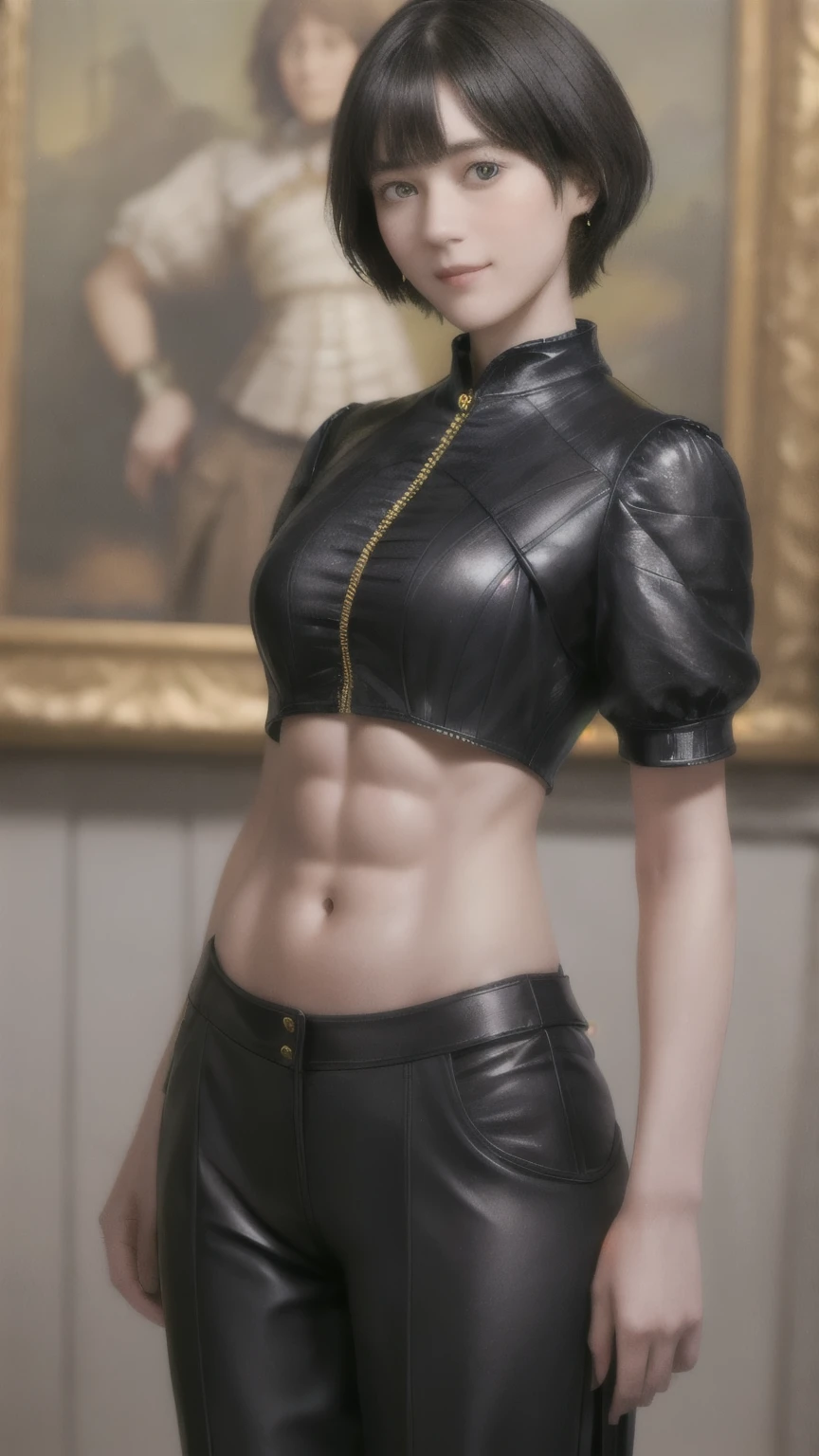 222 Short Hair, 20-year-old woman, A kind smile, (Luxurious stables), (Rembrandt-style painting), (Mechanical Suit, ((Clothes that show abs、Clothes with short sleeves)))