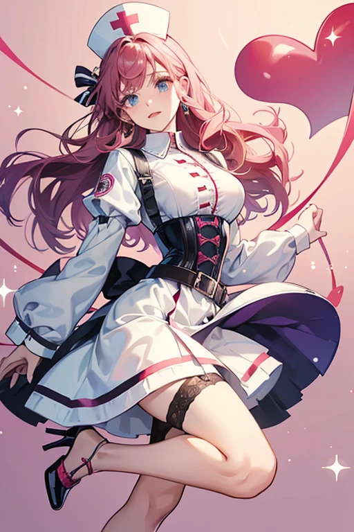 Anna wears a nurse's uniform consisting of a dress with short, puffy sleeves and heart-shaped buttons starting from the high neck collar and ending at her upper chest. The bodice of the dress is a corset with a bow at the back, leading to the skirt of the dress where Anna wears a belt with a heart-shaped buckle. Anna also wears stockings and garters with heart-shaped fasteners and high heels with a single strap around each ankle, and a nurse's cap with a heart at the front in the center. SPARKLE; GLITTER