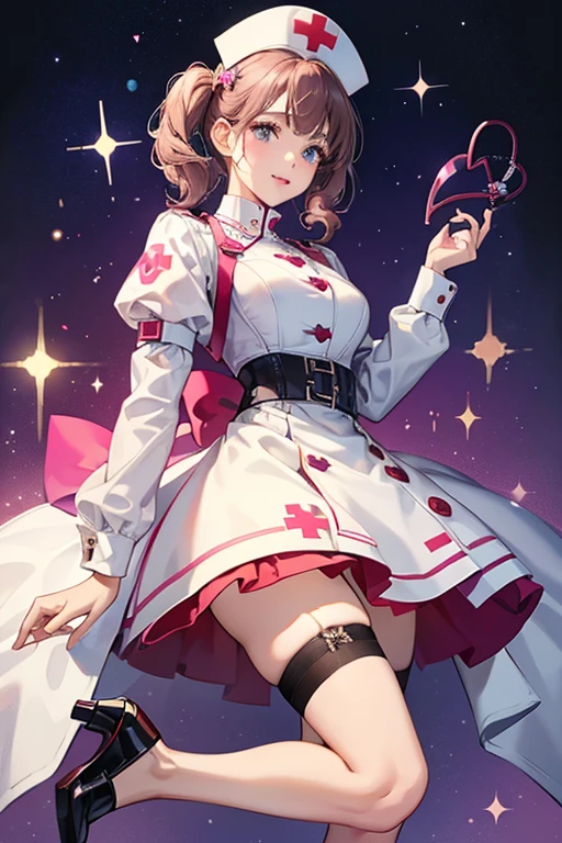 Anna wears a nurse's uniform consisting of a dress with short, puffy sleeves and heart-shaped buttons starting from the high neck collar and ending at her upper chest. The bodice of the dress is a corset with a bow at the back, leading to the skirt of the dress where Anna wears a belt with a heart-shaped buckle. Anna also wears stockings and garters with heart-shaped fasteners and high heels with a single strap around each ankle, and a nurse's cap with a heart at the front in the center. SPARKLE; GLITTER
