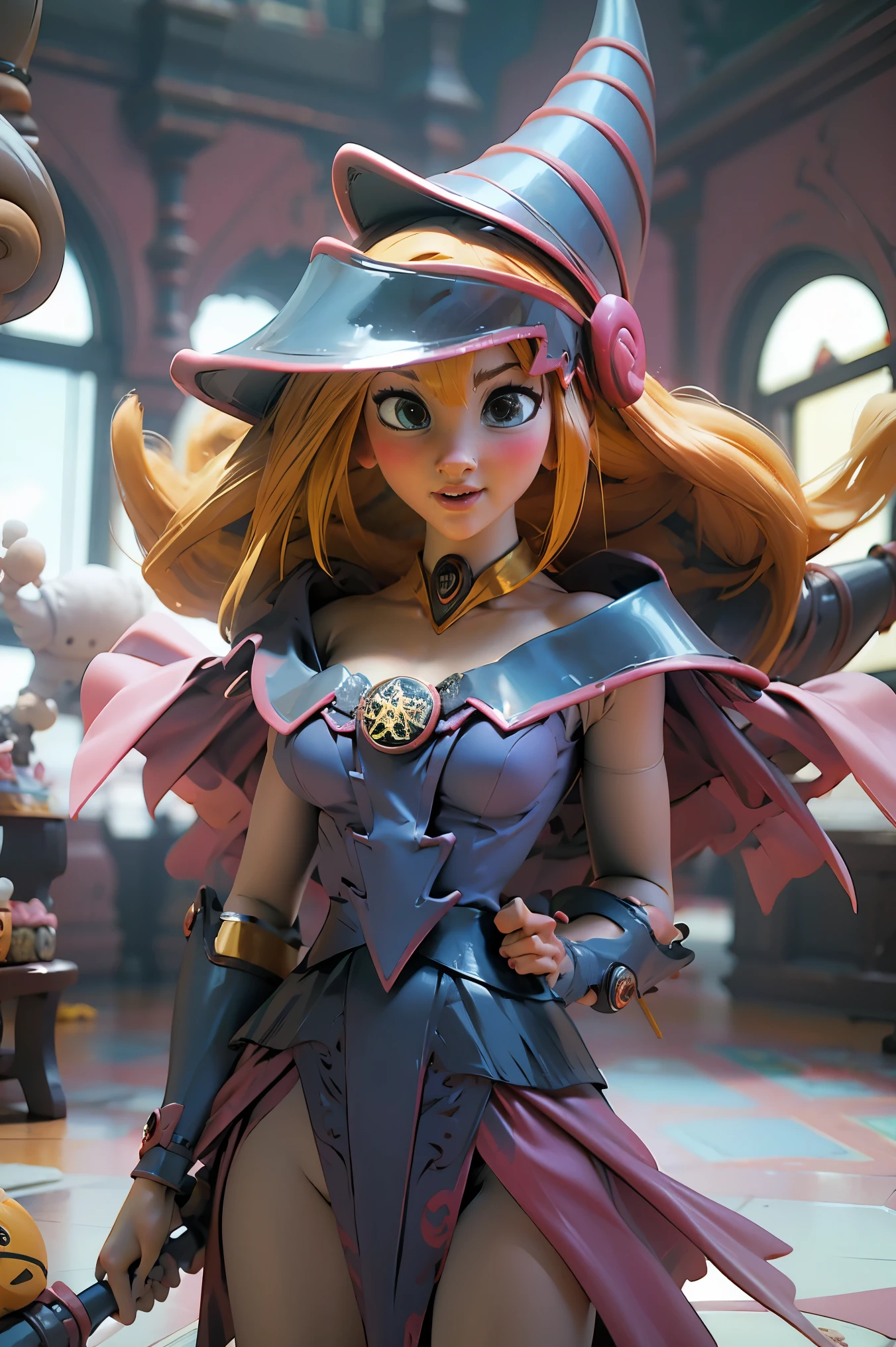 (Obra maestra:1.2), (La mejor calidad:1.2), Perfect lighting, Chica Maga Oscura lanzando un hechizo, flotando en el aire, tetas grandes, escote, fondo de magia. Corazones transparente en el hambiente, bata azul, sombrero grande, desde arriba, Destellos, Yugioh Card en el fondo